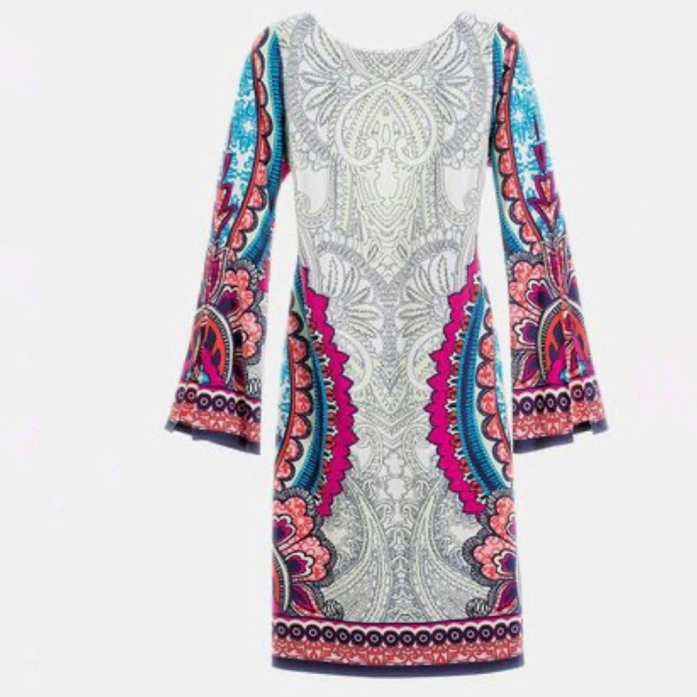 Chico’s Paisley Block Print Shift Dress Split Sleeve Multicolor Illusion-0/Small - Picture 2 of 16